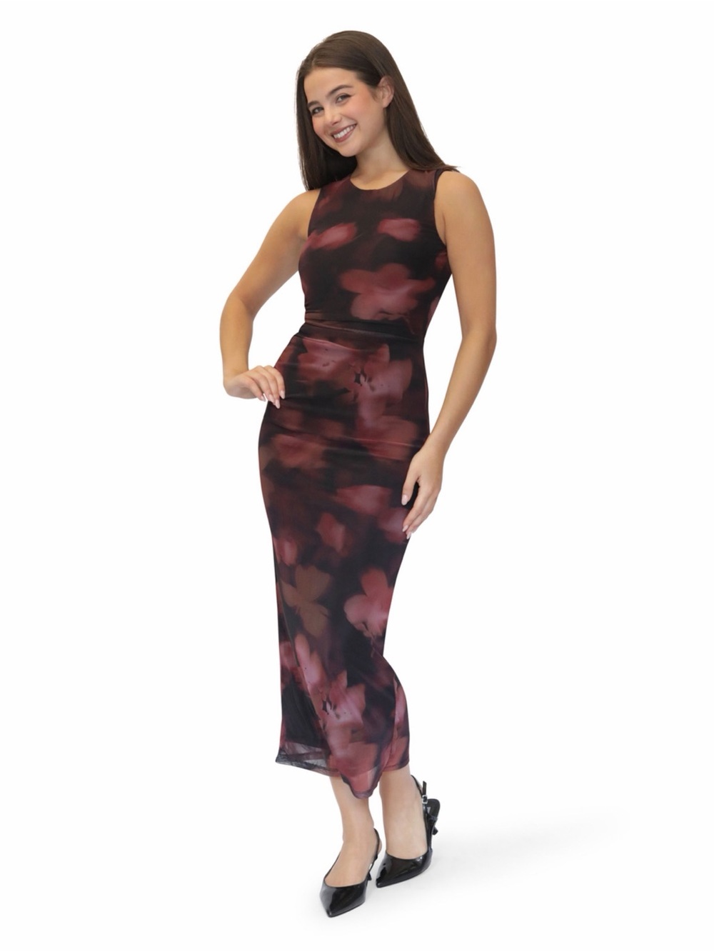 Madden Girl Red Floral Mesh Ruched Maxi Dress